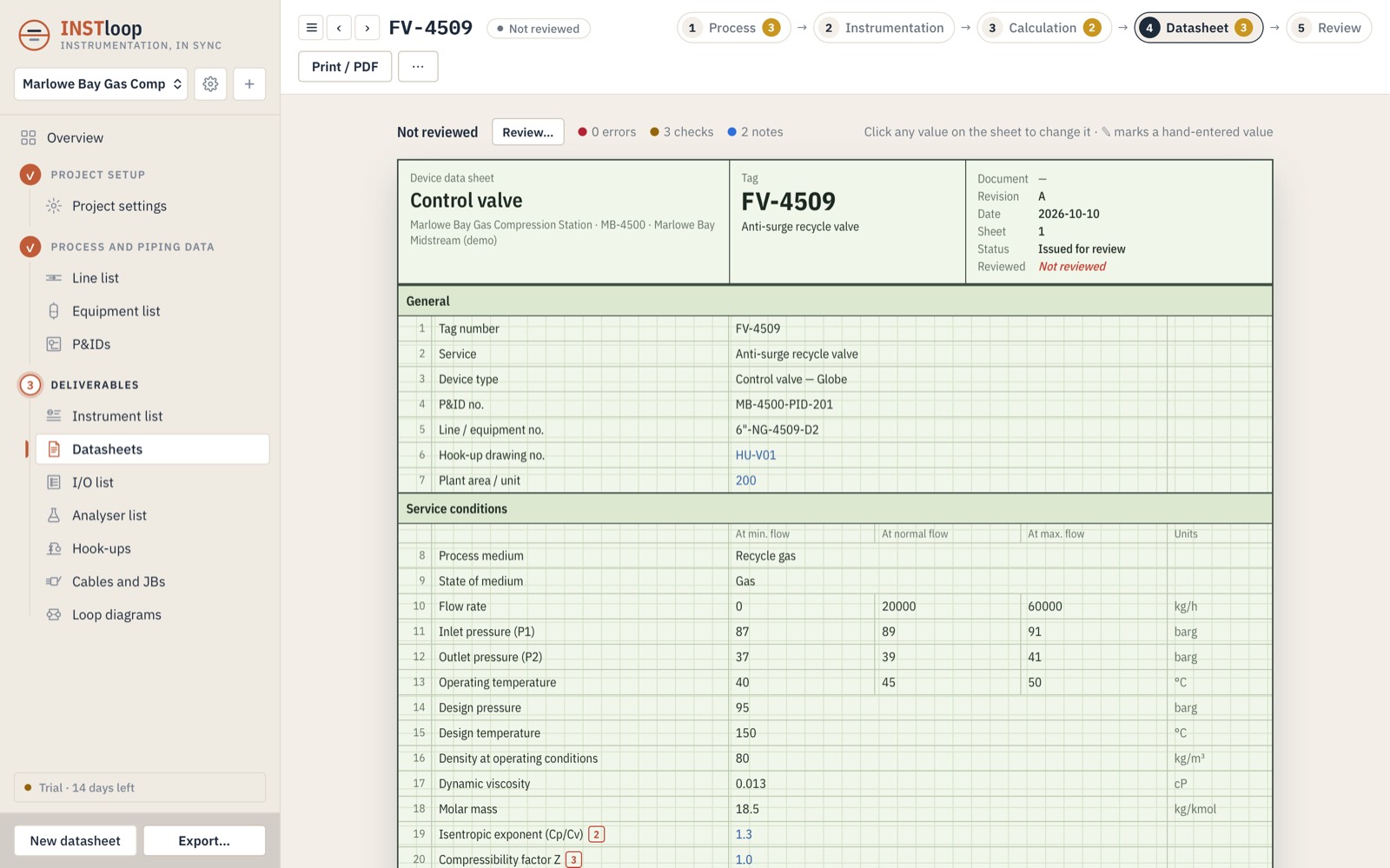 A control valve datasheet